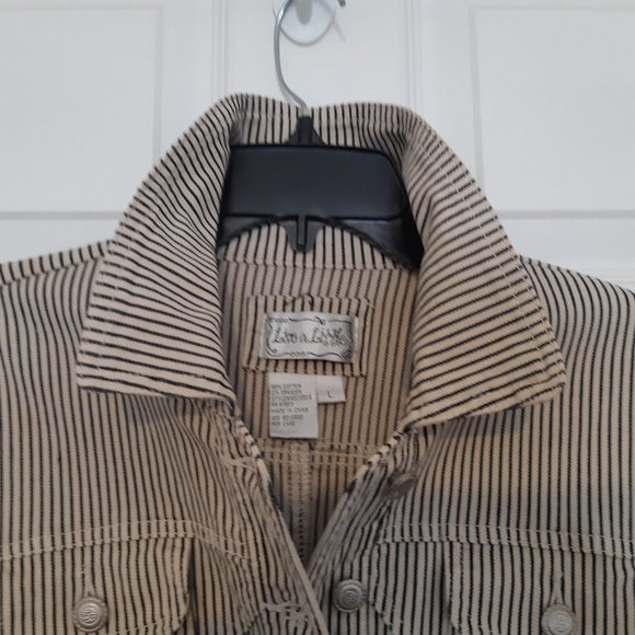 Live a Little Khaki Beige and Navy Pinstripe Stretch Jean Jacket with Pockets - Picture 6 of 10